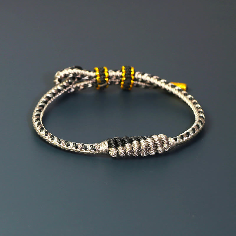 Buddha Stones Tibetan Handmade Eight Thread Peace Knot Prayer Wheel Braided Protection Bracelet - Gray Black(Wrist Circumference 14-16cm) - image 8