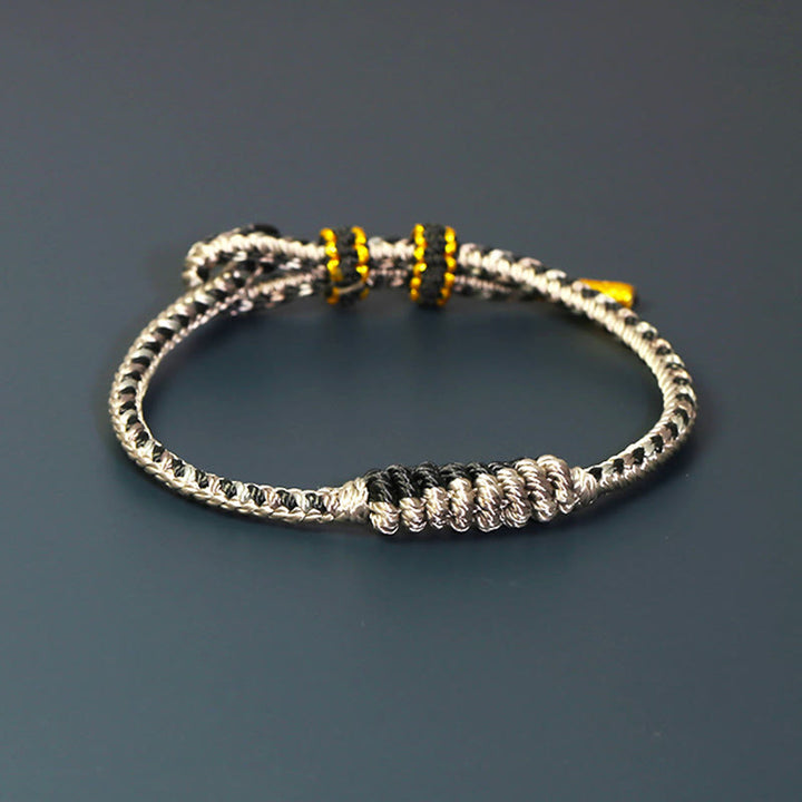 Buddha Stones Tibetan Handmade Eight Thread Peace Knot Prayer Wheel Braided Protection Bracelet - Gray Black(Wrist Circumference 14-16cm) - image 8
