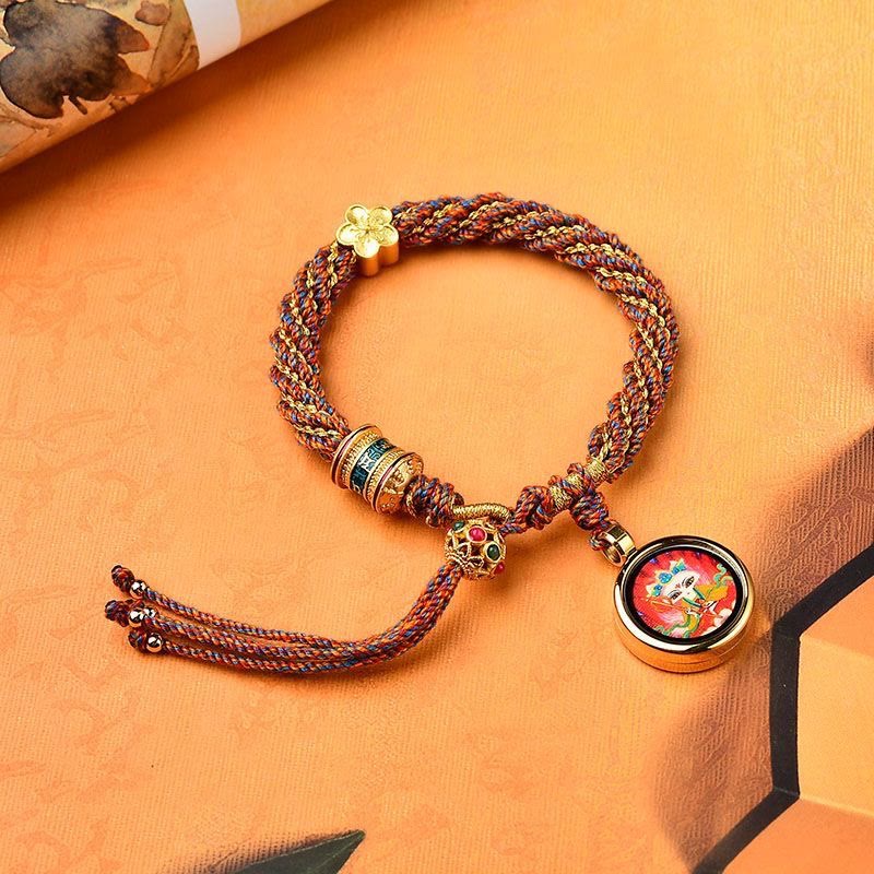 Buddha Stones Tibet Handmade Five God Of Wealth Luck Thangka Amulet Prayer Wheel Flower Charm Weave String Bracelet - Red Blue Yellow(Wrist Circumference 14-19cm) - image 8