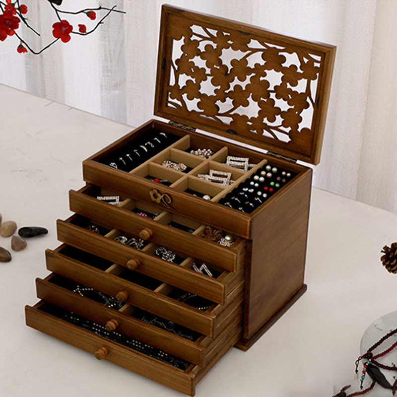 Buddha Stones Vintage Plum Blossom Carved Wooden Jewelry Box Six-Layer Jewelry Storage Box - image 21