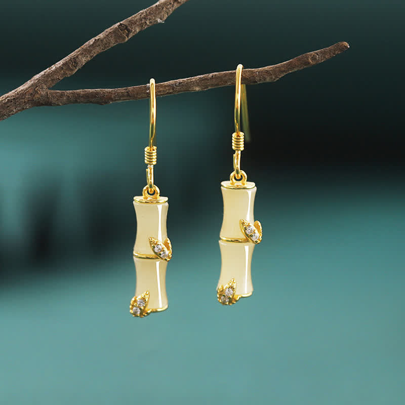 Buddha Stones 925 Sterling Silver Hetian Jade Chrysoberyl Cat Eye Red Agate Bamboo Luck Drop Earrings - Gold - Hetian Jade(Prosperity♥Abundance) - image 0
