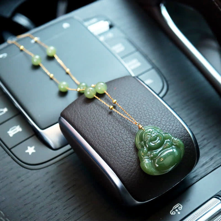 Buddha Stones Laughing Buddha Hetian Jade Luck Necklace Bead Chain Pendant - image 3
