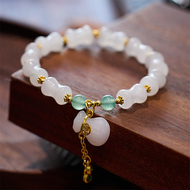 Buddha Stones Natural White Golden Silk Jade Bamboo Pattern Wealth Lucky Bag Fu Character Bracelet - Gold Silk Jade Bamboo Money Bag - image 0