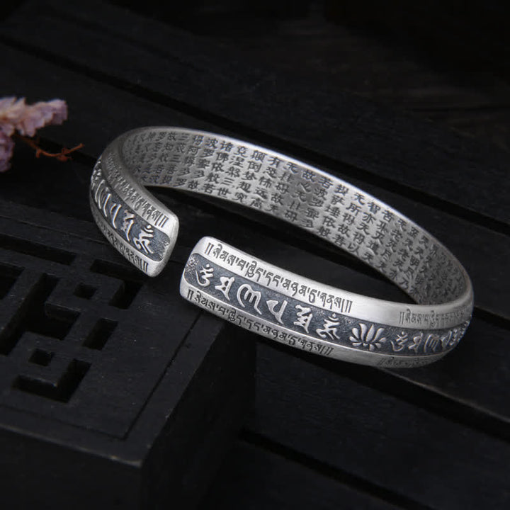 Buddha Stones 999 Sterling Silver Om Mani Padme Hum Heart Sutra Lotus Peace Bracelet Bangle - image 4