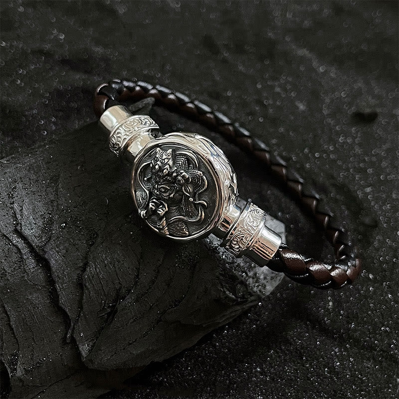 Buddha Stones Tibetan 925 Sterling Silver Zakiram Goddess of Wealth Blessing Protection Bracelet - Leather Cord-Silver(Wrist Circumference 20cm) - image 10