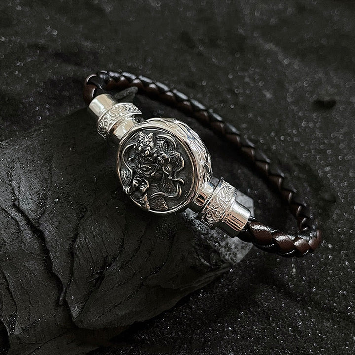 Buddha Stones Tibetan 925 Sterling Silver Zakiram Goddess of Wealth Blessing Protection Bracelet - Leather Cord-Silver(Wrist Circumference 20cm) - image 10