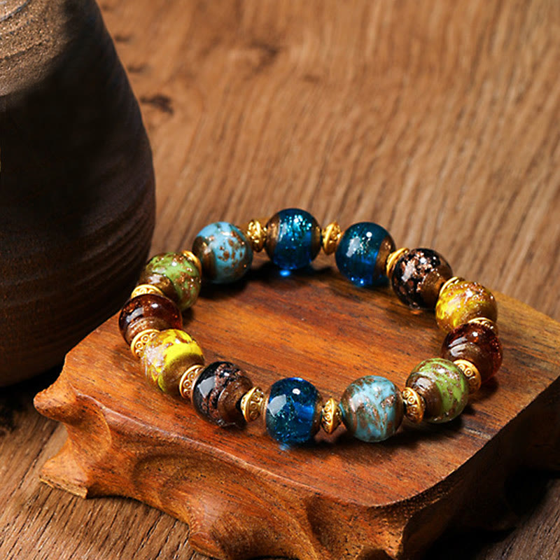 Buddha Stones Gold Swallowing Beast Family Charm Liuli Glass Bead Fortune Bracelet - Multicolored - Simple Version - 12mm - image 22