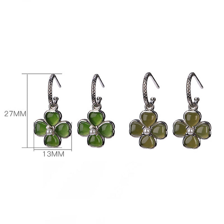 Buddha Stones 925 Sterling Silver Natural Cyan Jade Four Leaf Clover Luck Success Earrings - image 13