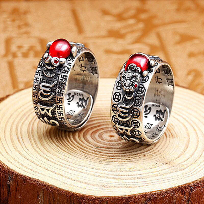 Buddha Stones Genstone PiXiu Feng Shui Frog Vajra Dorje Heart Sutra Wealth Adjustable Ring - image 1