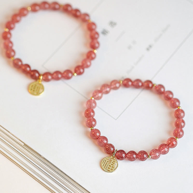 Buddha Stones 14K Gold Plated Strawberry Quartz Fu Character Healing Charm Bracelet - image 13