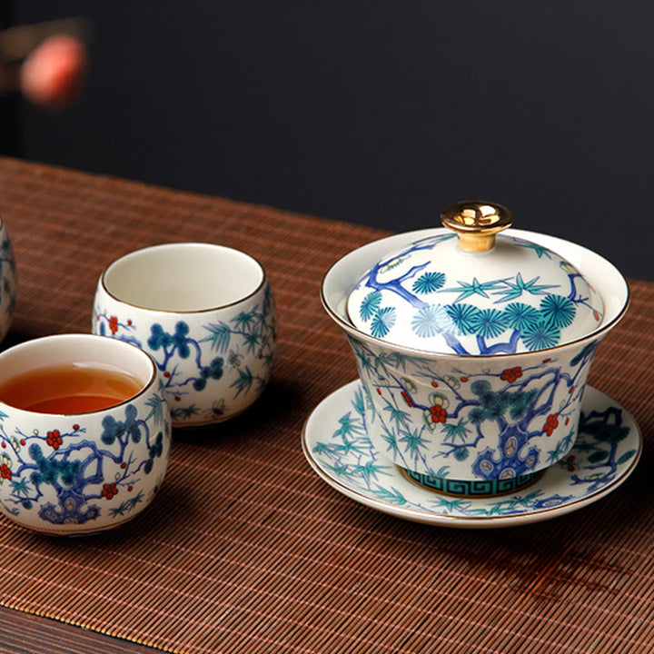 Buddha Stones Retro Plum Blossom Pine Bamboo Phoenix Kirin Ceramic Gaiwan Sancai Teacup Kung Fu Tea Cup and Saucer with Lid - image 4
