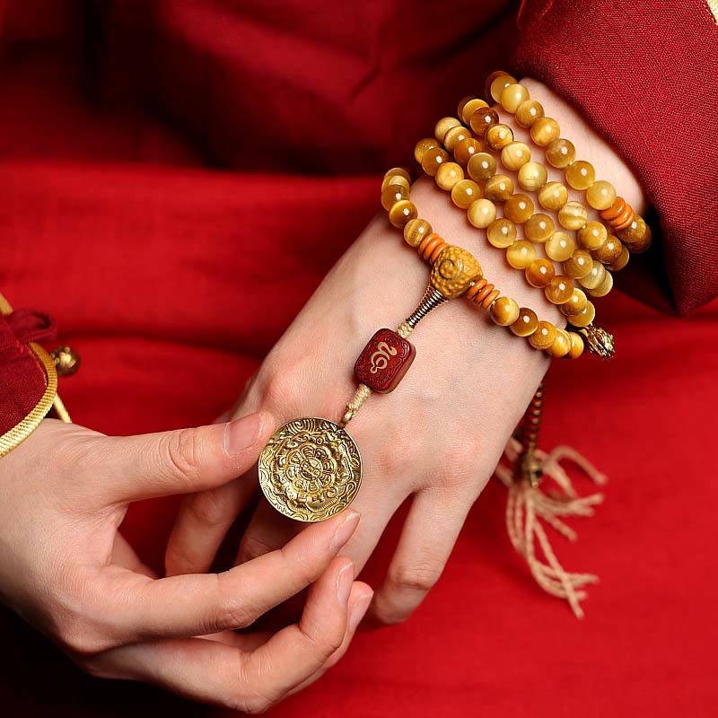 Buddha Stones 108 Mala Beads Natural Tiger Eye Copper Dorje Protection Tassel Bracelet - image 8