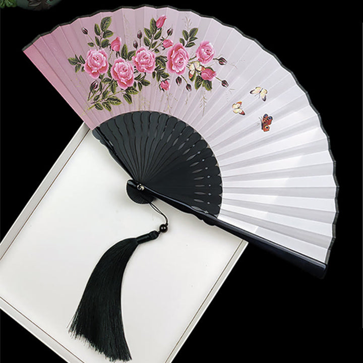 Buddha Stones Vintage Bamboo Peony Butterfly Lotus Handheld Silk Folding Fan With Bamboo Frames - Pink Peony Butterfly - image 13