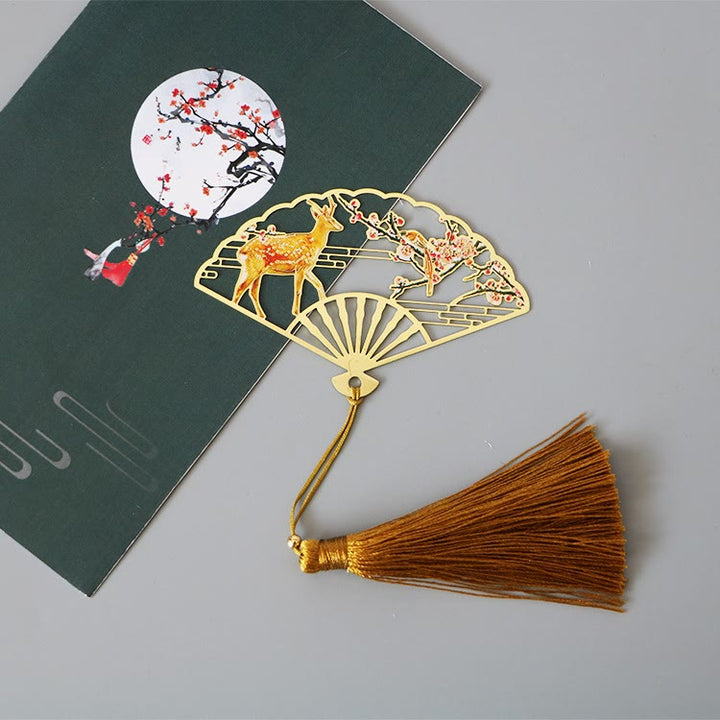 Buddha Stones Traditional Butterfly Lotus Flower Crane Dragon Phoenix Fox Koi Fish New Beginning Metal Brass Hollow Fan Bookmarks - Deer Flower - image 13