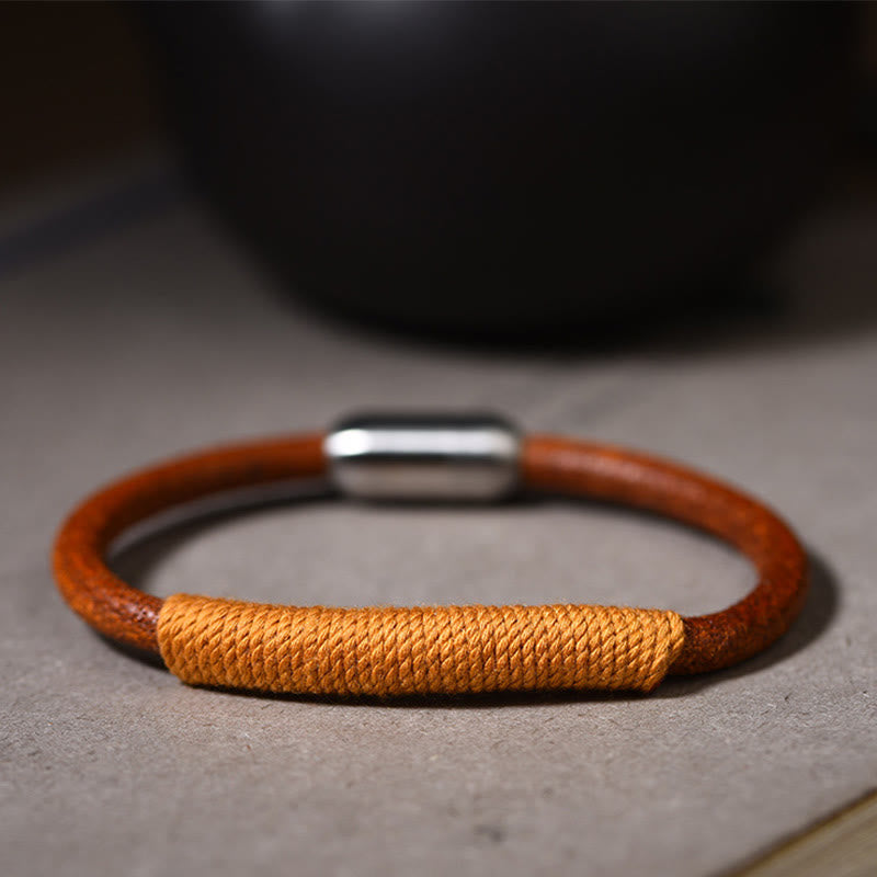 Buddha Stones Tibetan Leather Handmade Five Elements Luck Braid String Buckle Bracelet - Yellow(Earth) - 19cm - image 10
