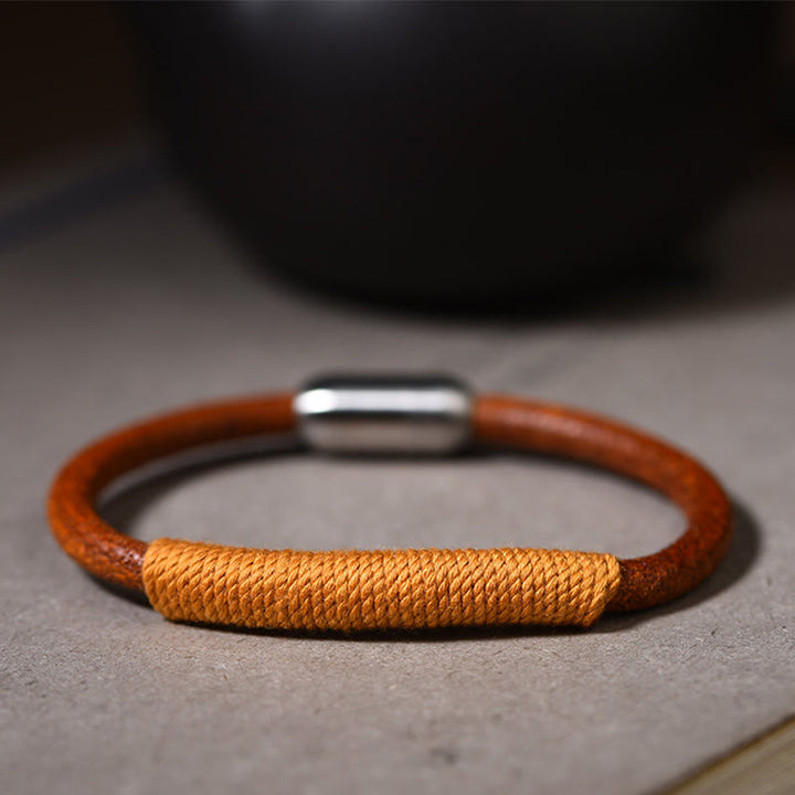 Buddha Stones Tibetan Leather Handmade Five Elements Luck Braid String Buckle Bracelet - Yellow(Earth) - 19cm - image 10