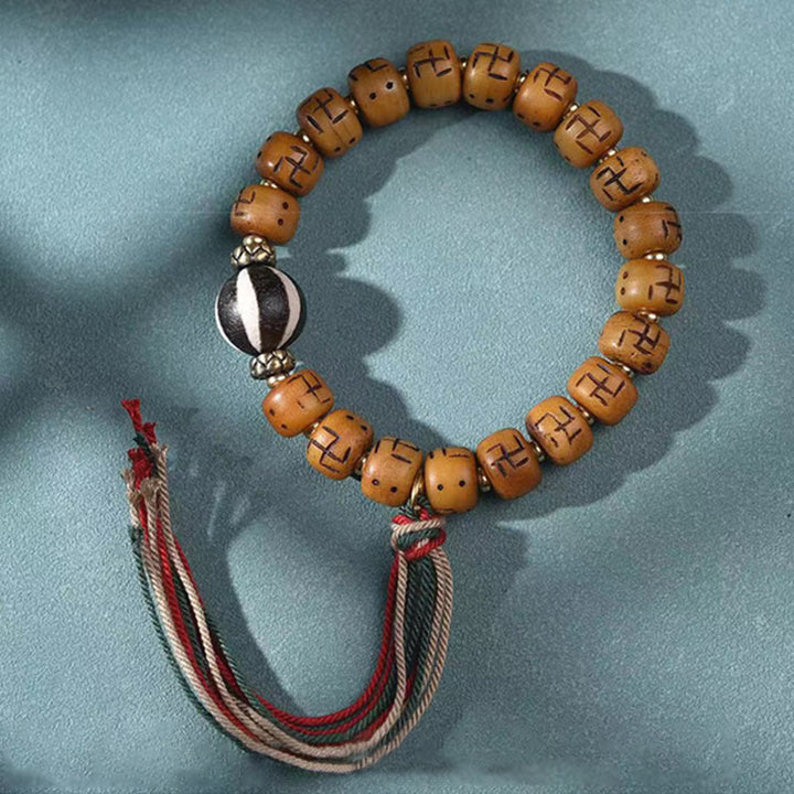 Buddha Stones Natural Tibetan Camel Bone Swastika Dzi Bead Shankha Buddha Charm Kirtimukha Luck Protection Tassel Bracelet - image 10