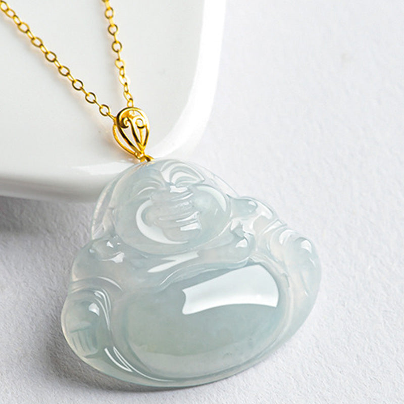 Buddha Stones Laughing Buddha Natural Jade Abundance Titanium Steel Chain Necklace Pendant - image 4