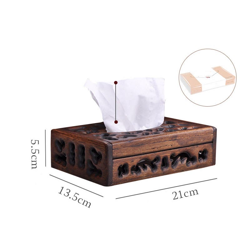 Retro Wooden Tissue Box Engraved Wooden Tissue Holder Wipes Boxes Decoration - 21*13.5*5.5cm-Fit For 50 Tissues - image 2