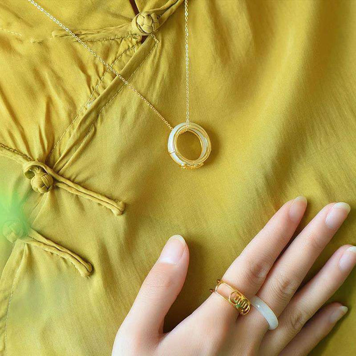 Buddha Stones White Jade Luck Ring Necklace - image 4