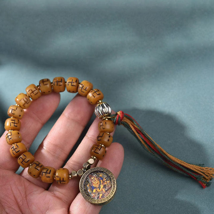 Buddha Stones Natural Tibetan Camel Bone Swastika Dzi Bead Shankha Buddha Charm Kirtimukha Luck Protection Tassel Bracelet - image 8