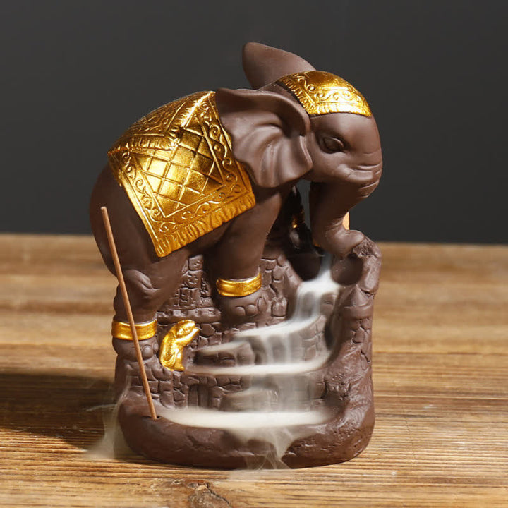 Tibetan Elephant Purple Clay Backflow Smoke Fountain Peace Healing Incense Burner Decoration - Gold - image 8