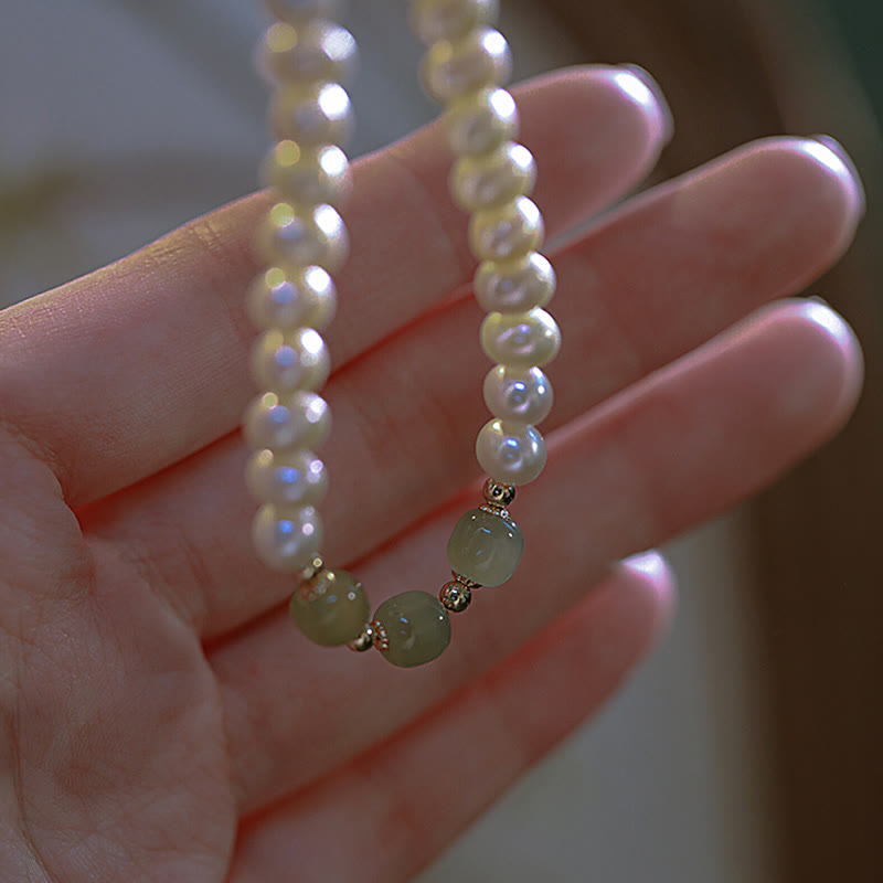Buddha Stones 14K Gold Plated Natural Pearl Hetian Cyan Jade White Jade Sincerity Bead Chain Bracelet - image 1