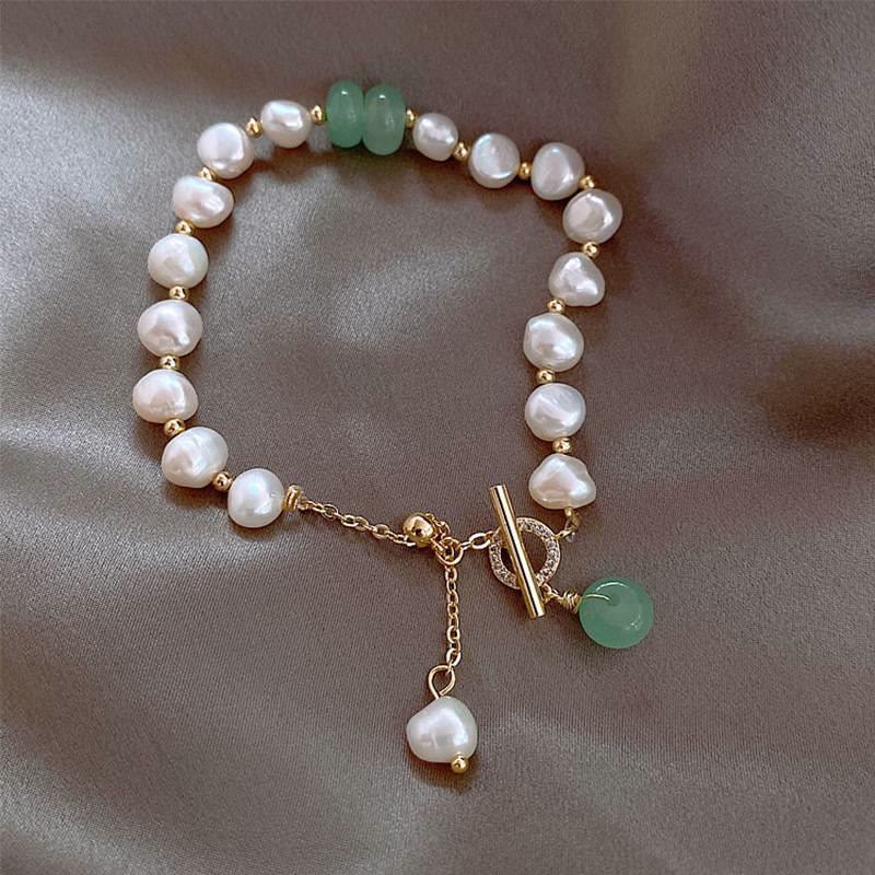 Buddha Stones Pearl Green Strawberry Quartz Bead Healing Chain Bracelet - Pearl&Green Strawberry Quartz - image 0