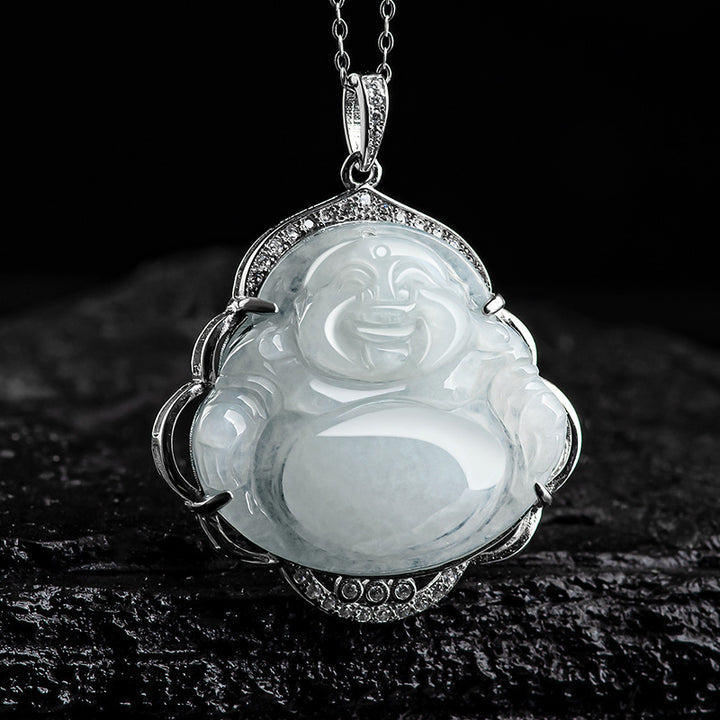 Buddha Stones 925 Sterling Silver Laughing Buddha Natural Jade Abundance Necklace Pendant - image 4