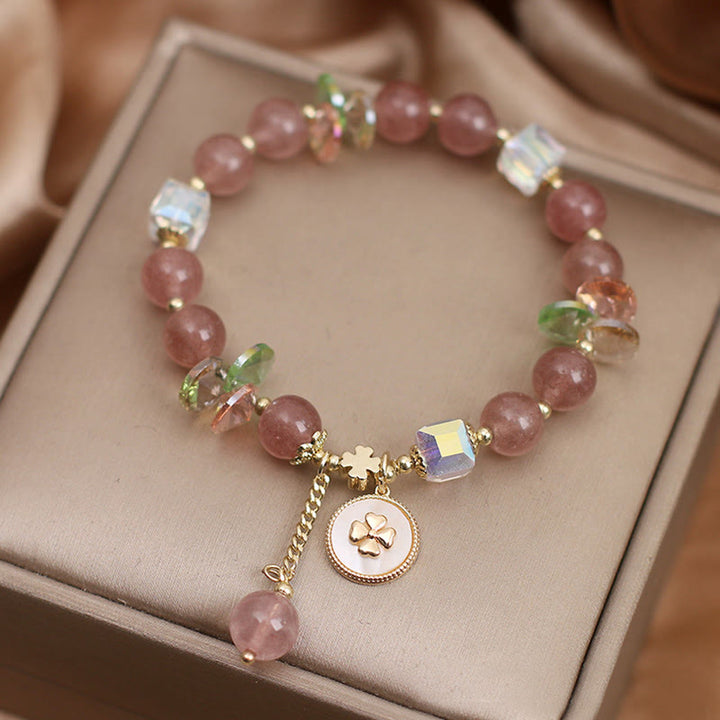 Buddha Stones Strawberry Quartz Lucky Four Leaf Clover Healing Charm Bracelet - image 3