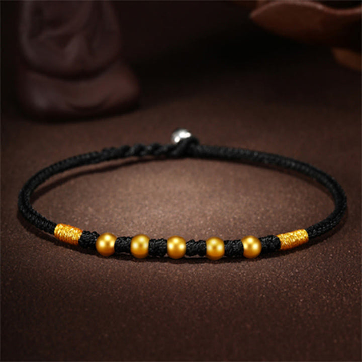 Buddha Stones 999 Gold Beads Luck King Kong Knot Handmade Braided Protection Bracelet - Five Gold Beads - Black Rope - 24cm - image 20
