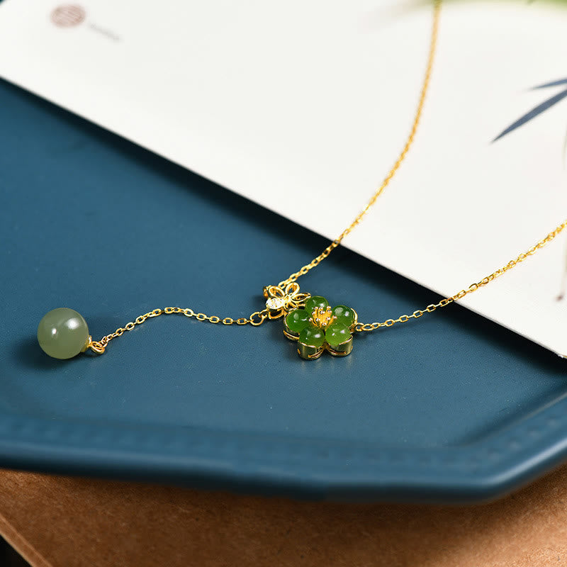 Buddha Stones 925 Sterling Silver Hetian Cyan Jade Plum Flower Blossom Design Luck Necklace Pendant - image 3