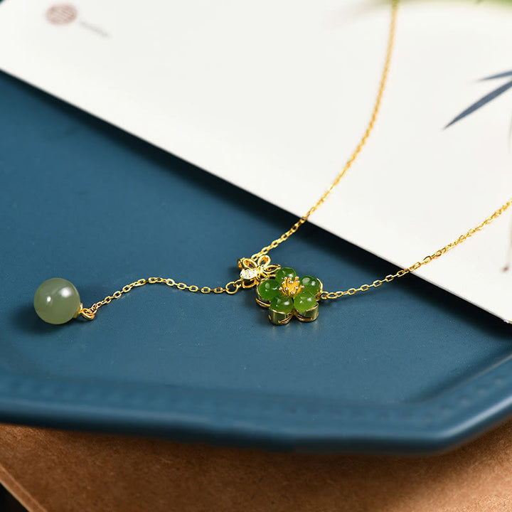 Buddha Stones 925 Sterling Silver Hetian Cyan Jade Plum Flower Blossom Design Luck Necklace Pendant - image 3