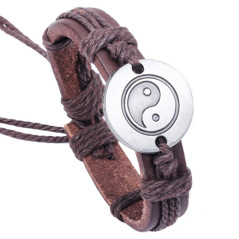 Buddha Stones Retro Yin Yang Leather Harmony String Bracelet - Brown(Bracelet Size 23cm) - image 0