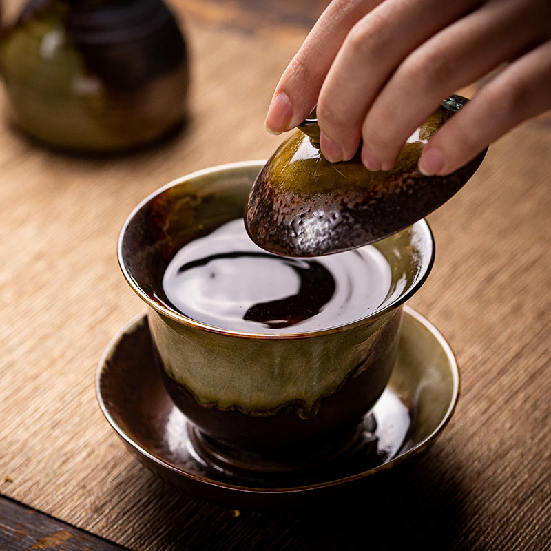 Buddha Stones Vintage Brown Kiln Change Design Porcelain Ceramic Gaiwan Sancai Teacup Kung Fu Tea Cup And Saucer With Lid - image 9