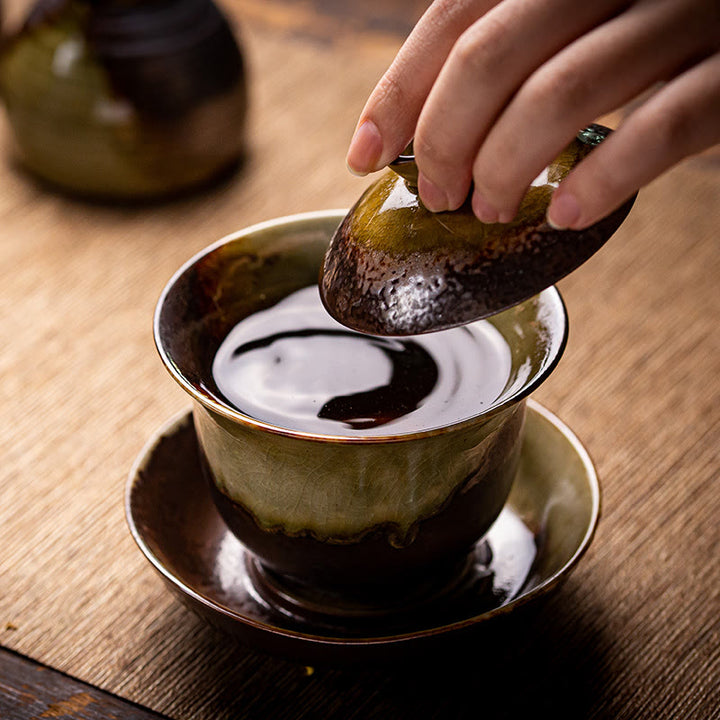 Buddha Stones Vintage Brown Kiln Change Design Porcelain Ceramic Gaiwan Sancai Teacup Kung Fu Tea Cup And Saucer With Lid - image 9