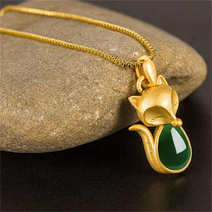 Buddha Stones Green Chalcedony Fox Pattern Courage Necklace Pendant - image 6