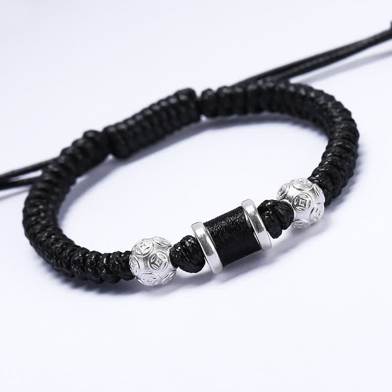 Buddha Stones 999 Sterling Silver Copper Coin Bead Copper Balance Braided String Bracelet - Black - image 4