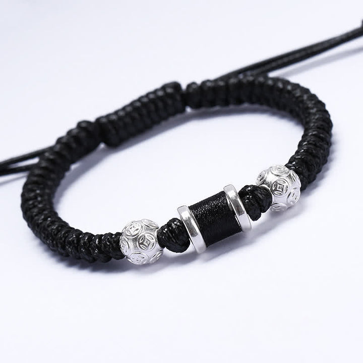 Buddha Stones 999 Sterling Silver Copper Coin Bead Copper Balance Braided String Bracelet - Black - image 4
