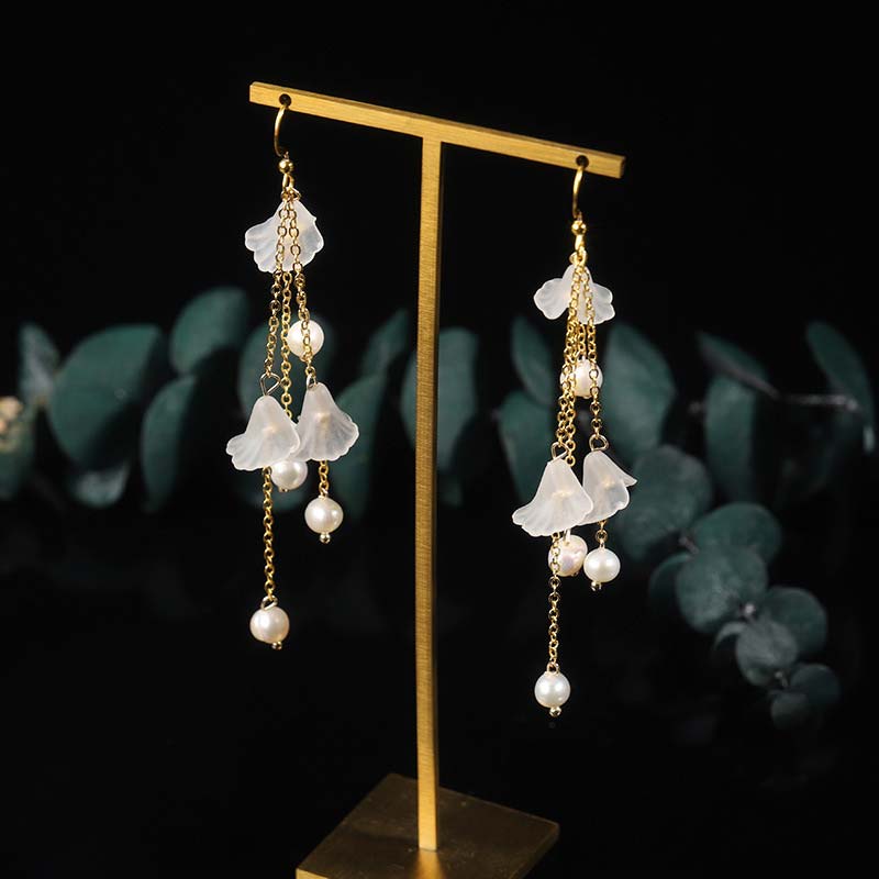 Buddha Stones Pearl Flower Petals Luck Drop Earrings - Pearl - image 0