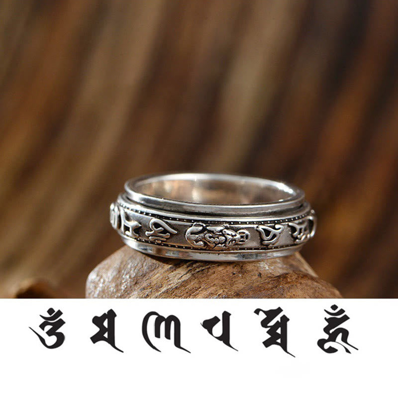 Buddha Stones Tibetan Om Mani Padme Hum PiXiu Engraved Wealth Luck Rotatable Ring - image 3