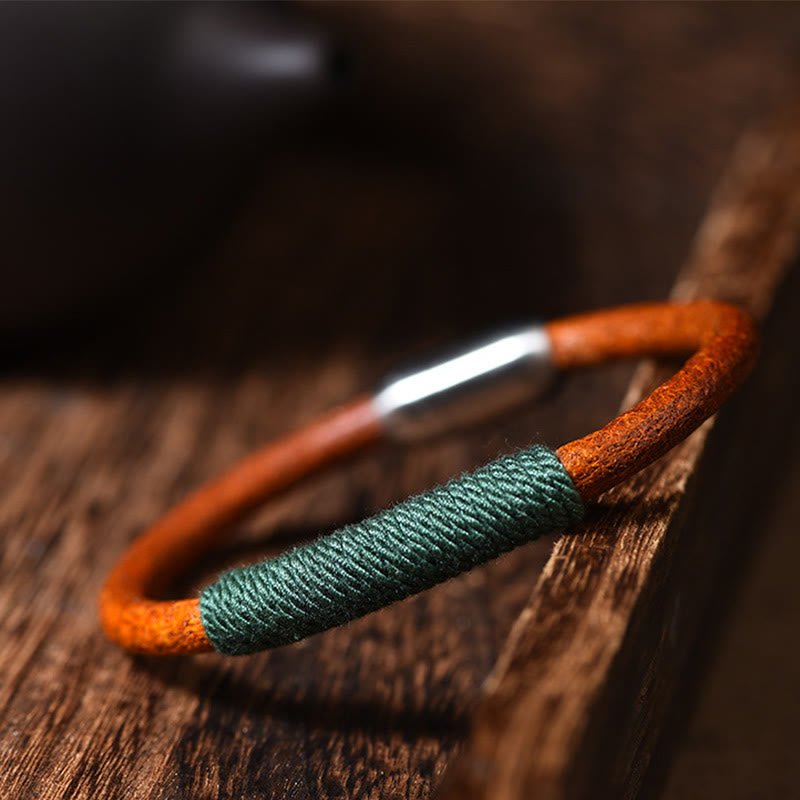 Buddha Stones Tibetan Leather Handmade Five Elements Luck Braid String Buckle Bracelet - Green(Wood) - 19cm - image 0