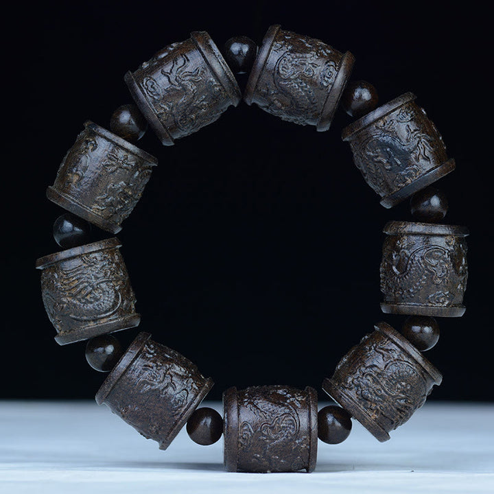 Buddha Stones Ebony Wood Eighteen Arhats Lotus Dragon Engraved Balance Bracelet - 20mm*9 Beads(Dragon) - image 12