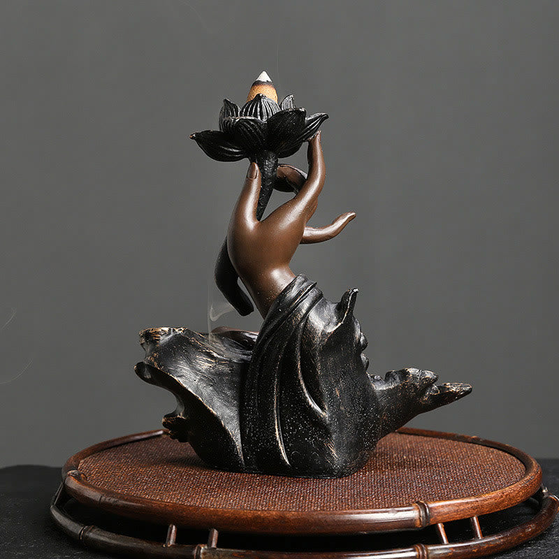 Buddha Stones Lotus Buddha Hand Auspicious Clouds Pattern Meditation Resin Backflow Incense Burner - image 3