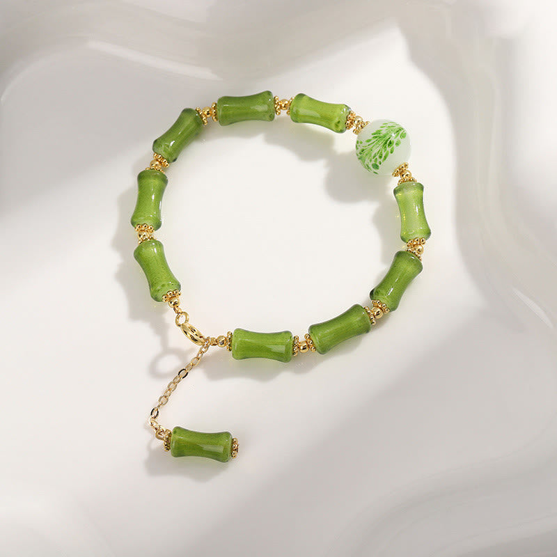 Buddha Stones Green Bamboo Pattern Liuli Crystal Moss Agate Wealth Chain Bracelet - Green Bamboo - image 0