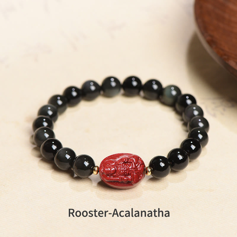 Buddha Stones Chinese Zodiac Natal Buddha Natural Black Obsidian Cinnabar Purification Bracelet - 8mm - Rooster-Acalanatha(Wrist Circumference 14-17cm) - image 2