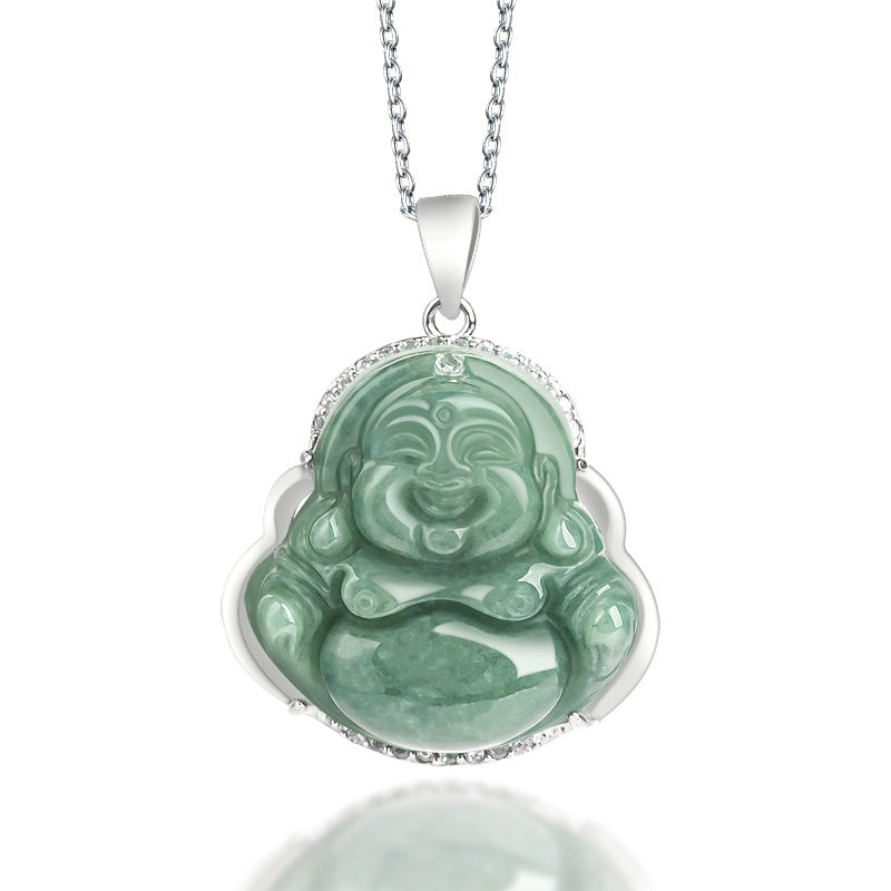 Buddha Stones 925 Sterling Silver Laughing Buddha Jade Abundance Necklace Chain Pendant - Jade (Prosperity ♥ Abundance) - image 0