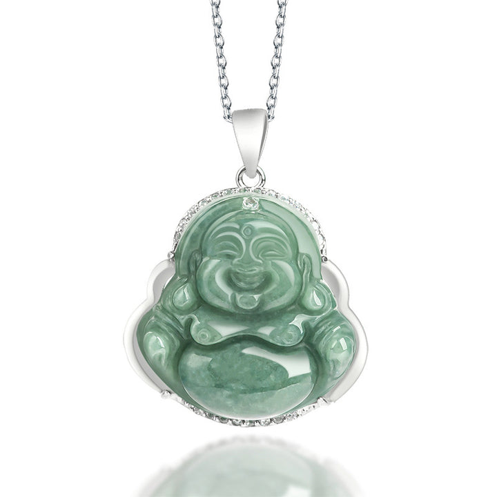 Buddha Stones 925 Sterling Silver Laughing Buddha Jade Abundance Necklace Chain Pendant - Jade (Prosperity ♥ Abundance) - image 0