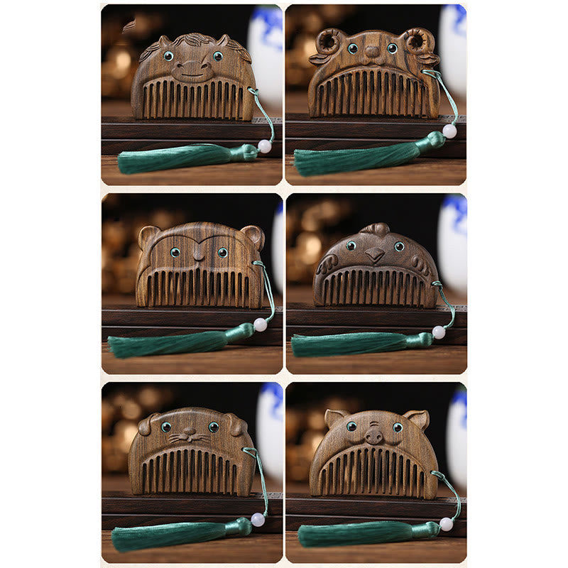 Chinese Zodiac Green Sandalwood Peace Mini Portable Comb - image 20