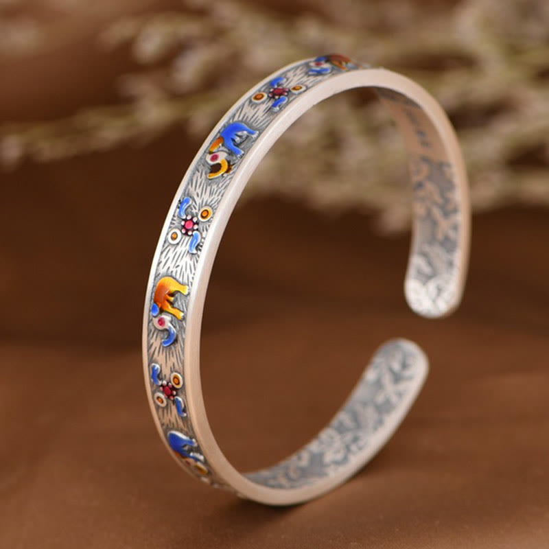 Buddha Stones 999 Sterling Silver Elephant Strength Wisdom Bracelet Cuff Bangle - image 1
